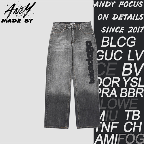 Balenciaga Patch Gothic Letter Wide-Leg Denim Jeans