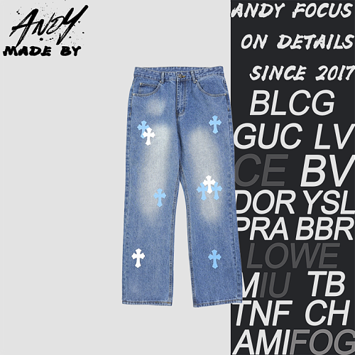 Denim Jeans With A Sanskrit Cross Patch On The Back