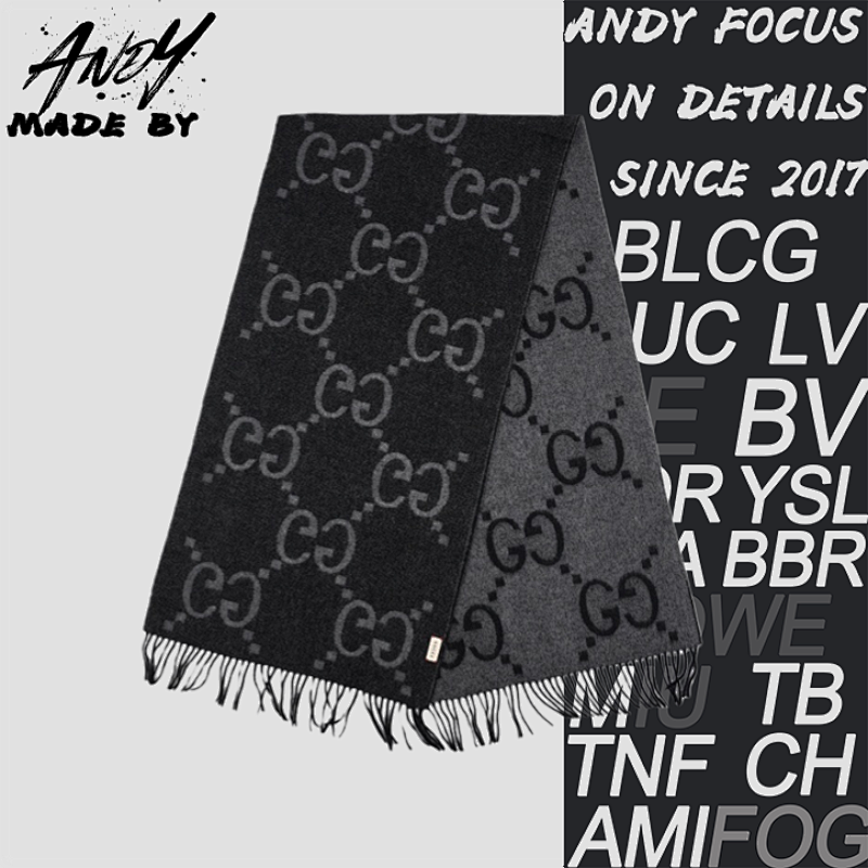 Gucci G Ucci Double G Cashmere Jacquard Fleece Scarf Gray-black