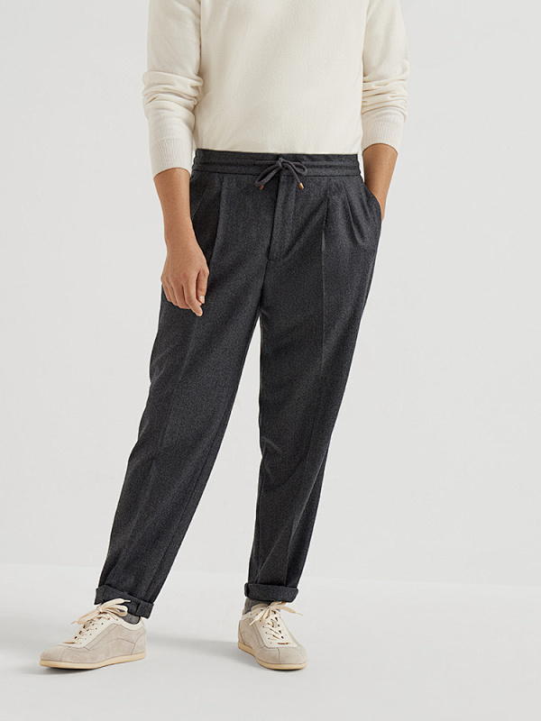 Virgin Wool Flannel Leisure Fit Trousers With Drawstring And Double Pleats