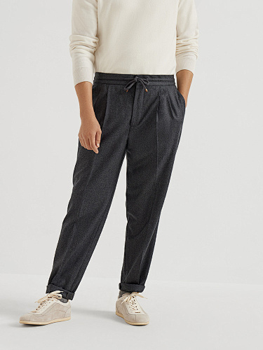 Virgin Wool Flannel Leisure Fit Trousers With Drawstring And Double Pleats