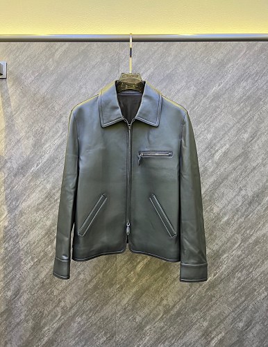 Bruti Berluti Solid Color Cowhide Leather Lapel Long Sleeved Leather Jacket For Men Size 4