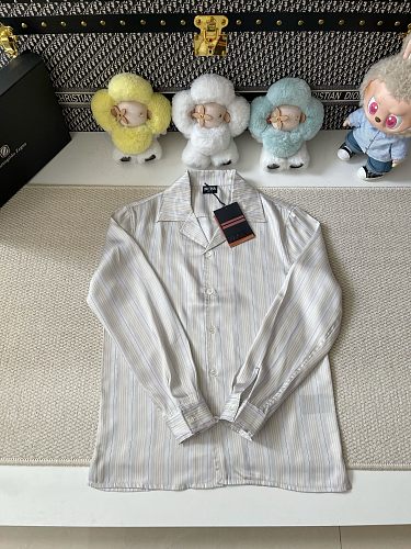Zegna Gray Tone Vertical Stripe Cuban Collar Silk Long Sleeved Shirt Purchased Original Pr
