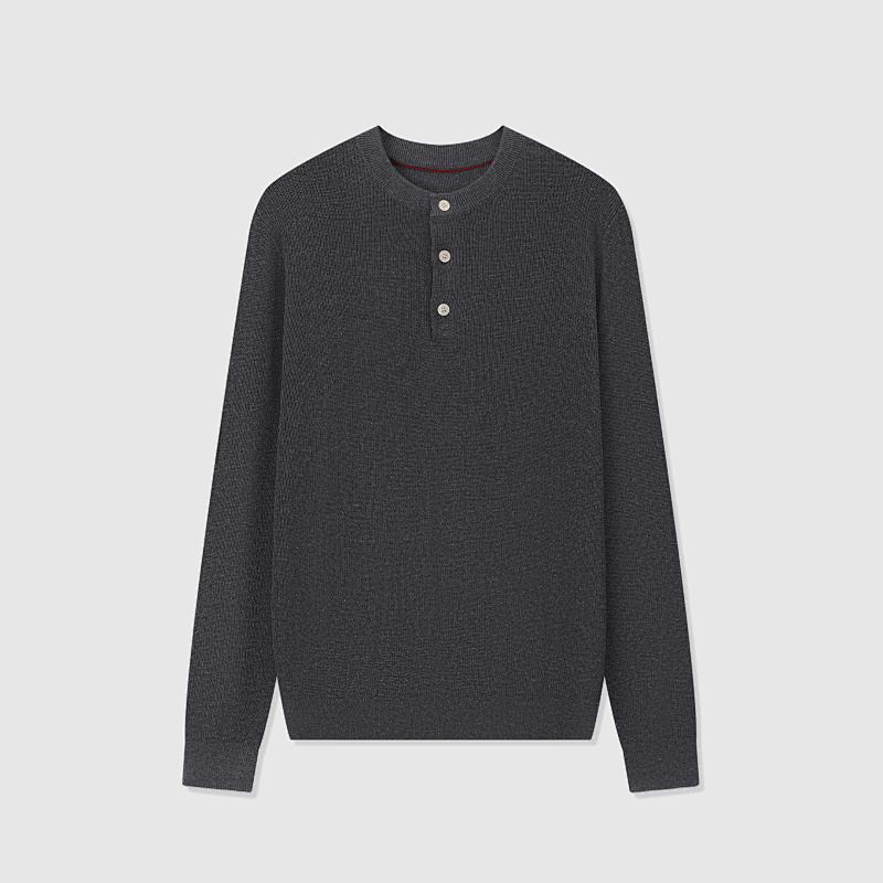 Cotton And Linen Half English Rib Knit Sweater With Henley Collar
