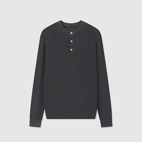Cotton And Linen Half English Rib Knit Sweater With Henley Collar