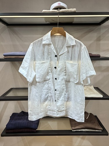 Zeni Linen Short-sleeve Top Made From Pure Natural Rain-dew Linen Features A Cool Hawaiian