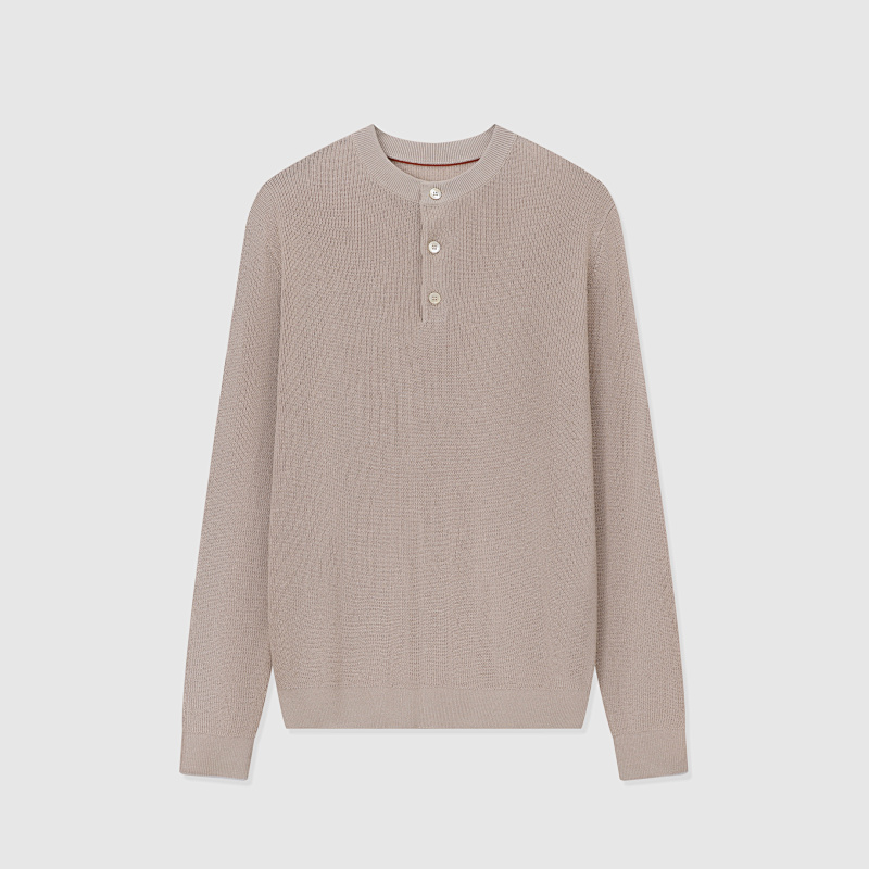 Cotton And Linen Half English Rib Knit Sweater With Henley Collar