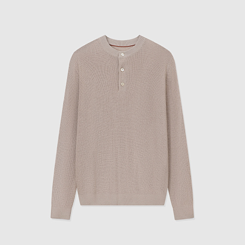 Cotton And Linen Half English Rib Knit Sweater With Henley Collar