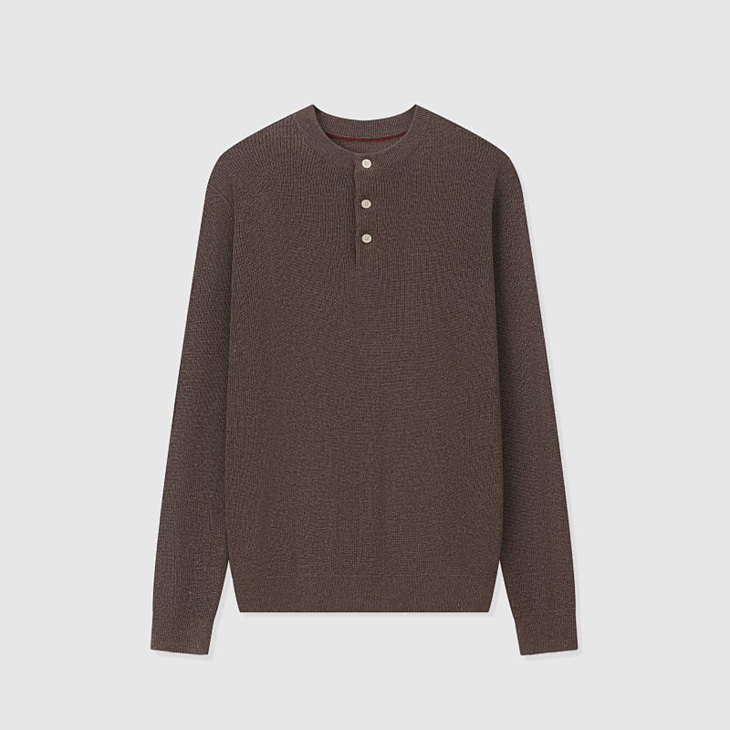 Cotton And Linen Half English Rib Knit Sweater With Henley Collar
