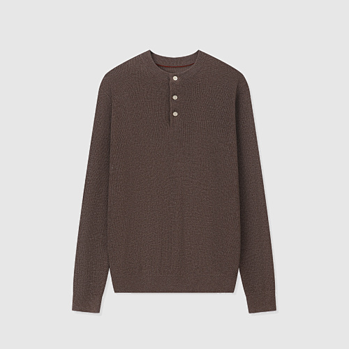 Cotton And Linen Half English Rib Knit Sweater With Henley Collar