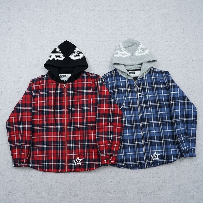 Sp5der Hooded Zip Flannel Shirt Jacket