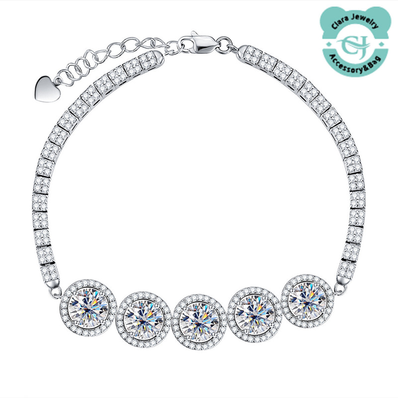 Popular Silver Five-stone Luxury Round Diamond Bracelet 5 Carat Moissanite Jewelry