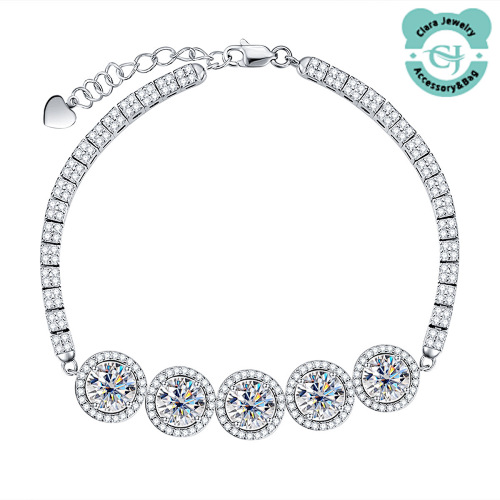 Popular Silver Five-stone Luxury Round Diamond Bracelet 5 Carat Moissanite Jewelry