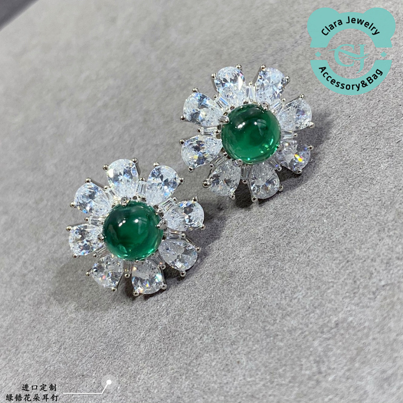 Green Diamond Flower Earrings
