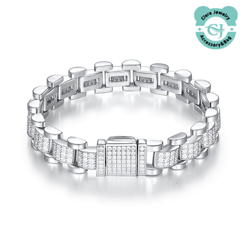 Sterling Silver Inlaid Moissanite Hip Hop Cuban Watch Men And Women Bracelet