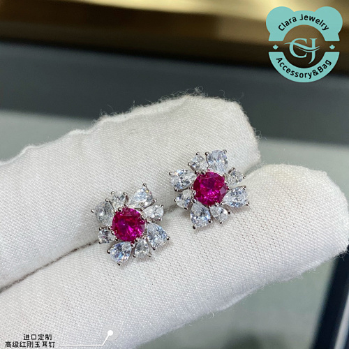 All-Over Sterling Silver Pink Diamond Poy Eye Stud Earrings