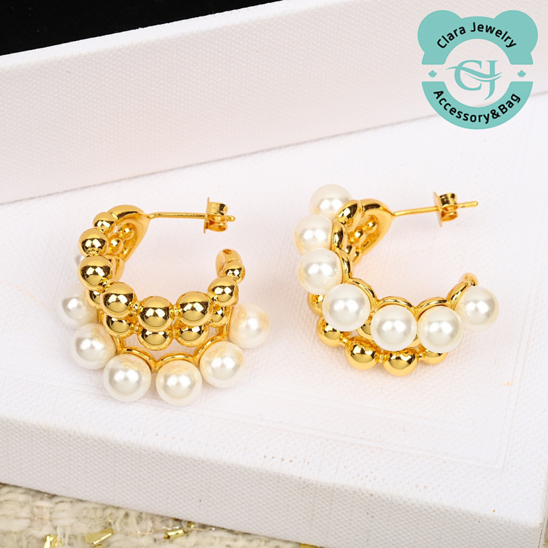 C Three-Row Bead Earrings
