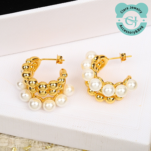 C Three-Row Bead Earrings