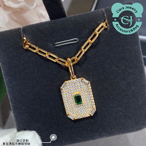 Vintage Full Diamond Square Green Necklace