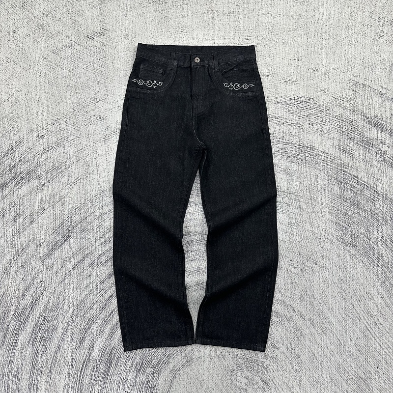 Etheria Black Straight-Leg Raw Denim With Floral Embroidery