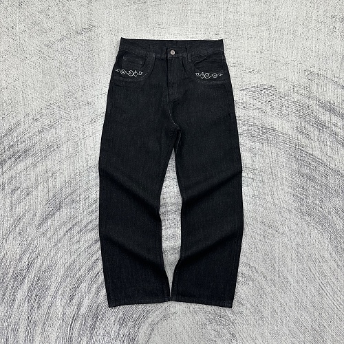Etheria Black Straight-Leg Raw Denim With Floral Embroidery