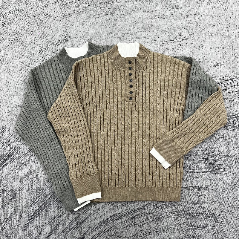 Etheria Faux-Layered Double-Layer Henley-Neck Chunky Cable-Knit Sweater