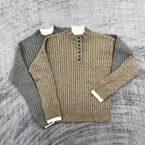 Etheria Faux-Layered Double-Layer Henley-Neck Chunky Cable-Knit Sweater