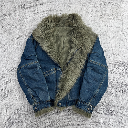 Etheria Vintage Stand-Collar Denim Jacket With Faux Fur Trim