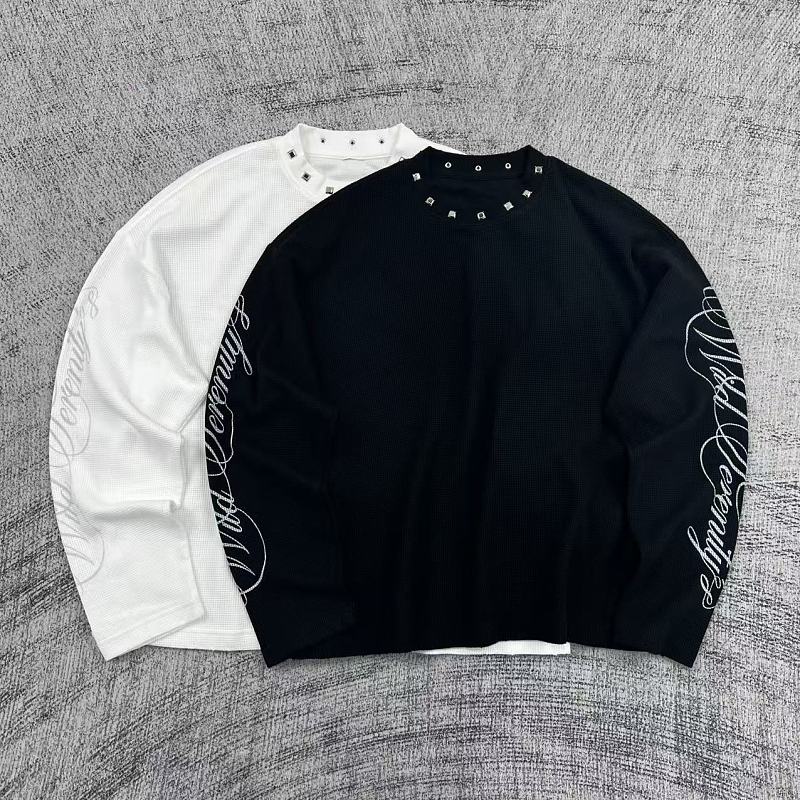 Etheria Waffle-Texture Digitally Printed Boxy Long-Sleeve Top