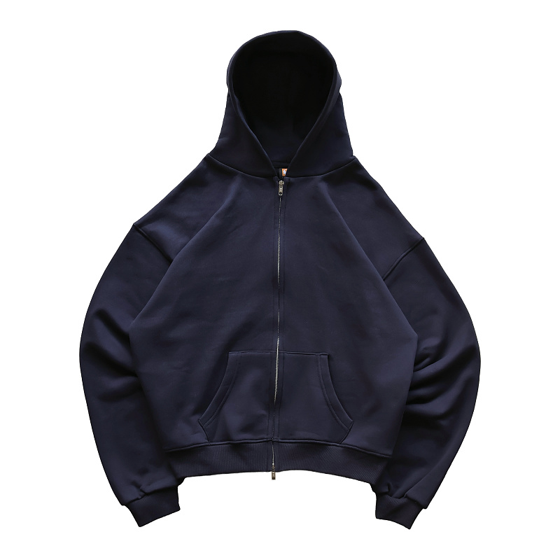 Solva Solid Night Pure Cotton Boxy Zip Hoodie - Navy