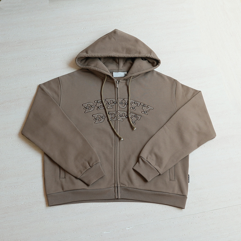 Dep..Embroidered Rivet Hooded Zipper Sweatshirt Coffee
