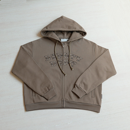 Dep..Embroidered Rivet Hooded Zipper Sweatshirt Coffee
