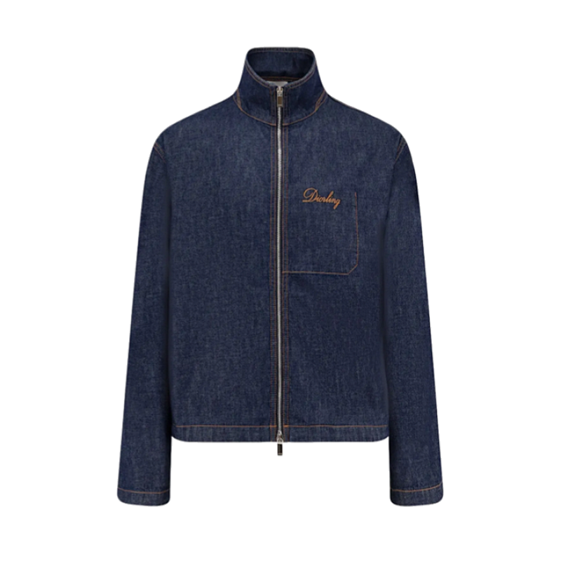 Embroidered Topstitched Denim Stand-up Collar Jacket