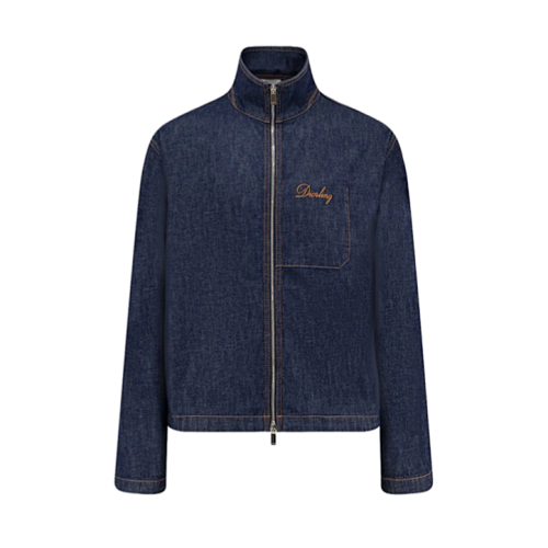 Embroidered Topstitched Denim Stand-up Collar Jacket