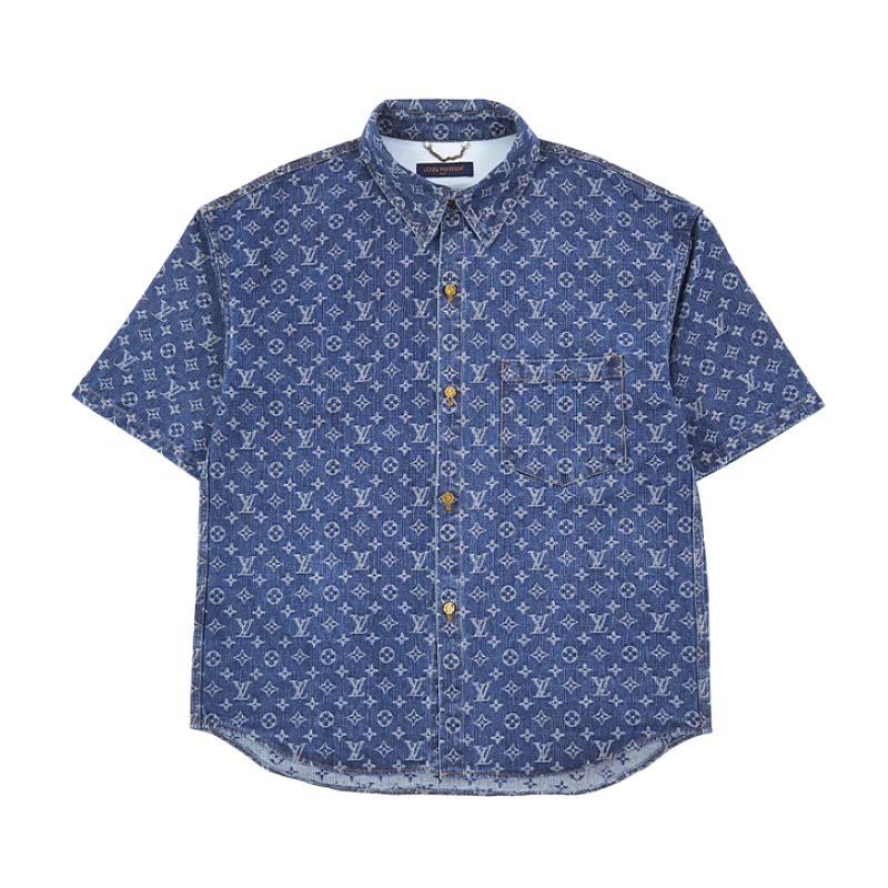 Full Print Vintage Blue Denim Short-Sleeve Shirt