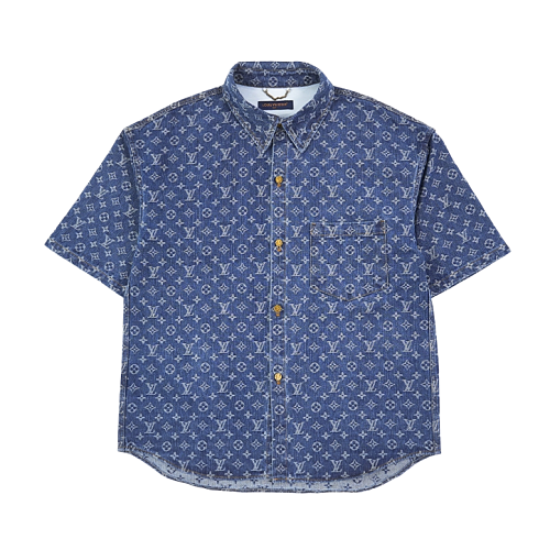 Full Print Vintage Blue Denim Short-Sleeve Shirt