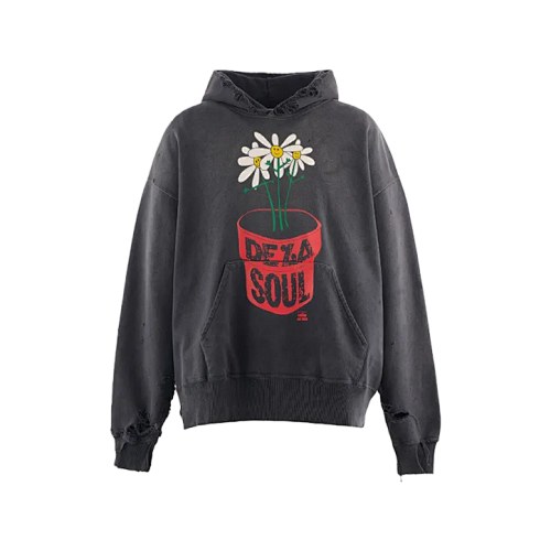 Distressed Hooded Sweatshirt With Potted Flowers