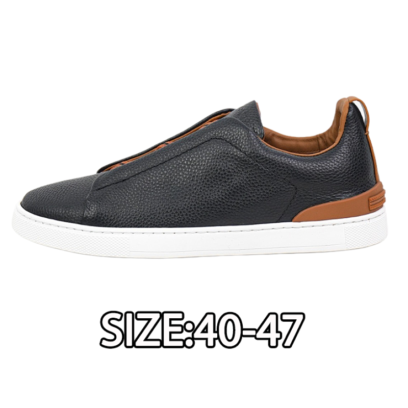 Zegna Triple Stitch Leather Round Toe Low-Top Sneakers. Made From Tumbled Calfskin With Ri