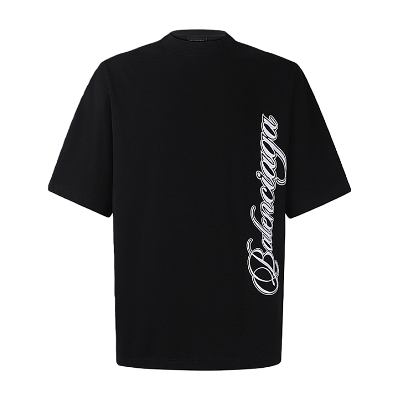 Neck Cotton T-shirt With Script Letter Embroidery