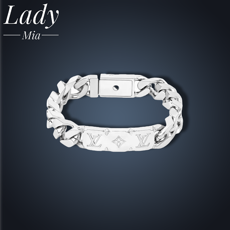 Louis Vuitton L Logo Cuban Silver Metal Nameplate Bracelet
