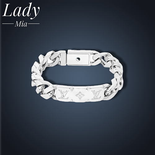 Louis Vuitton L Logo Cuban Silver Metal Nameplate Bracelet
