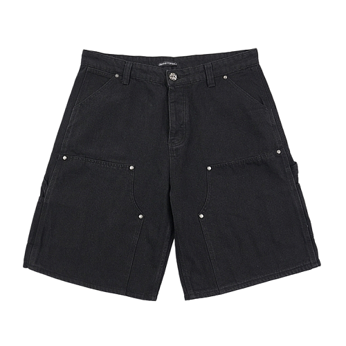 Patchwork Leather And Metal Denim Shorts