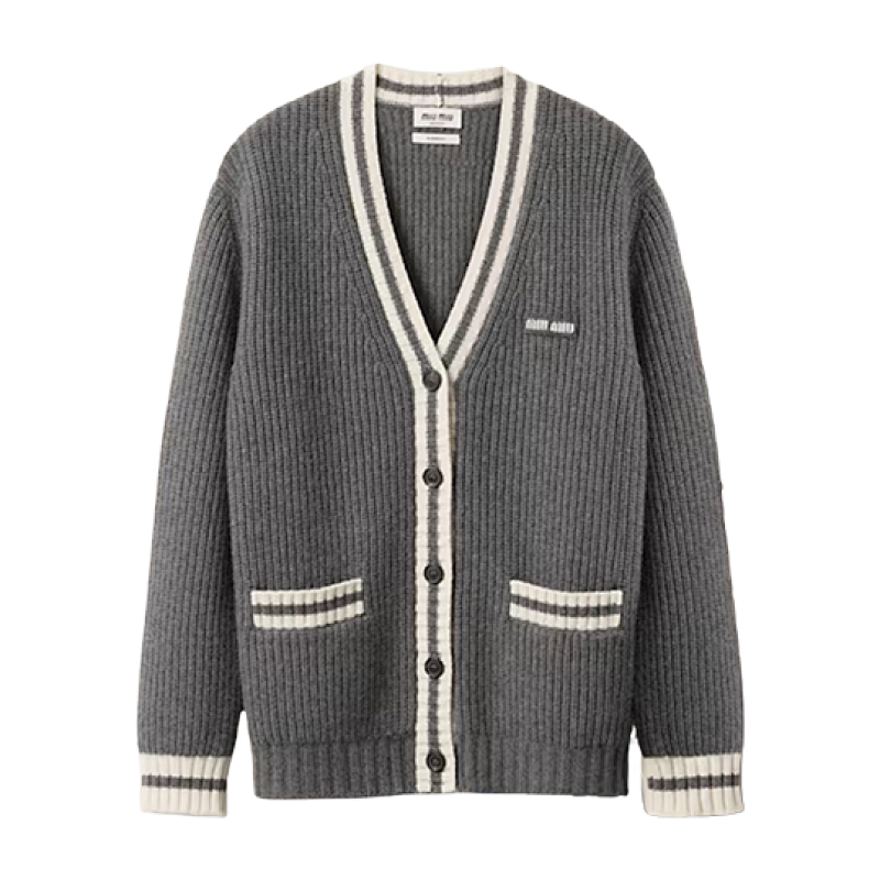 Miu Small Label Gray And White Placket Cardigan Jacket