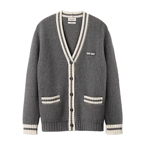 Miu Small Label Gray And White Placket Cardigan Jacket