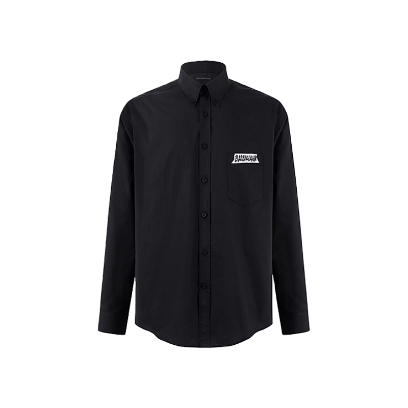 Solid Color Collared Printed Long-Sleeve Shirt