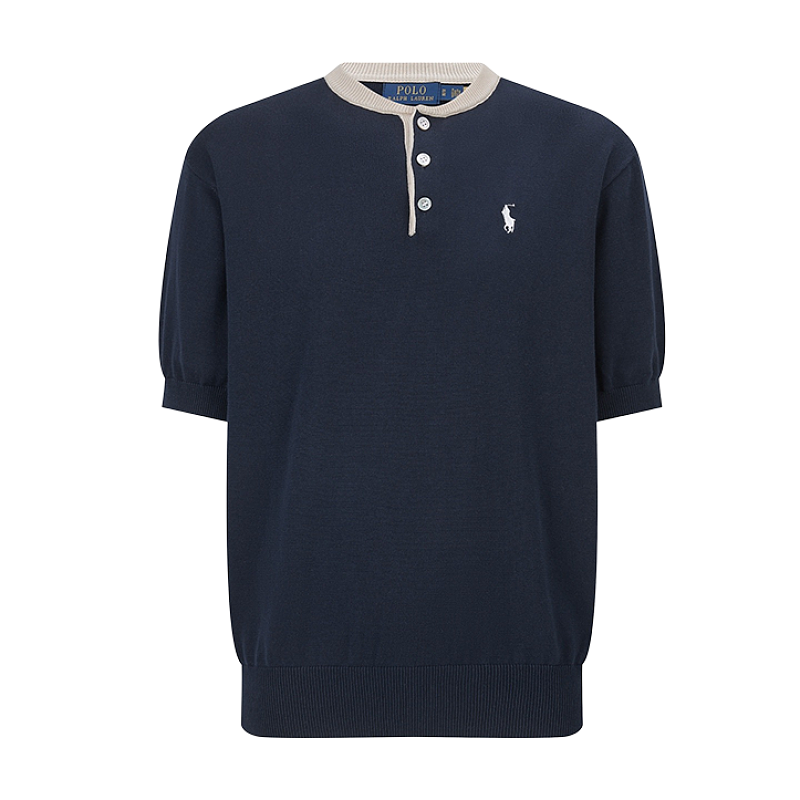 Henley Collar Embroidered Logo Knit Sweater