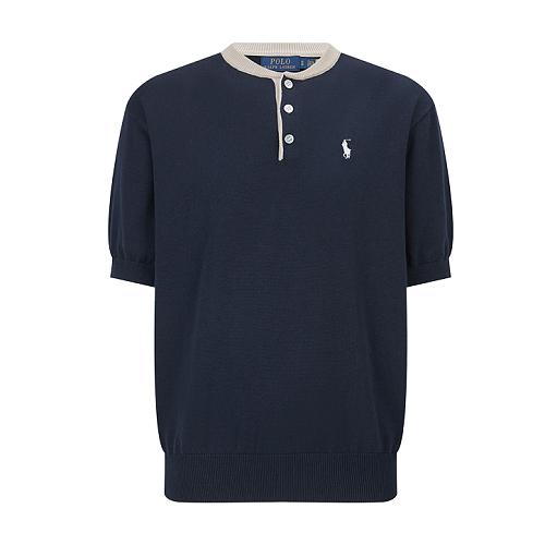 Henley Collar Embroidered Logo Knit Sweater