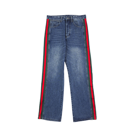 Denim Pants With Red And Green Side Stripes