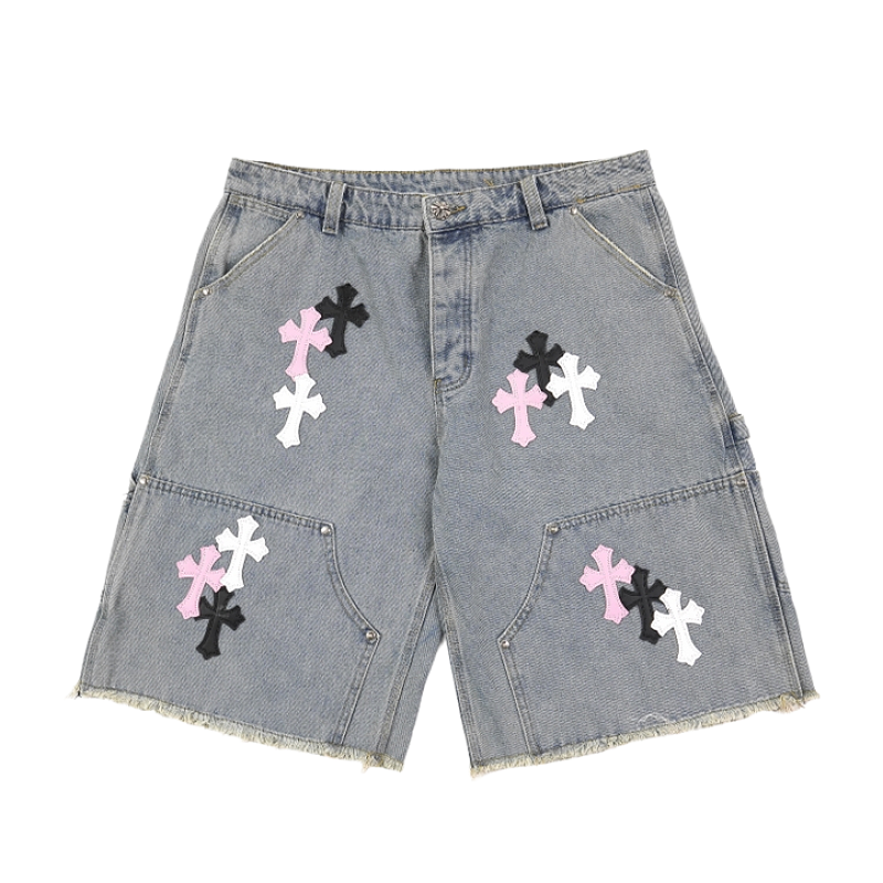 Cross Leather Patch Embroidered Workwear Denim Shorts