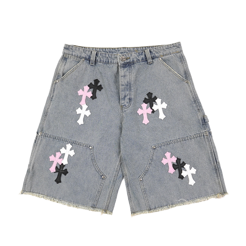Cross Leather Patch Embroidered Workwear Denim Shorts